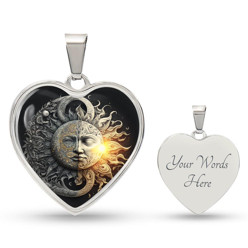 Sun and Moon Heart Necklace, Celestial Jewelry,  Balance of Opposites, Day and Night Pendant,