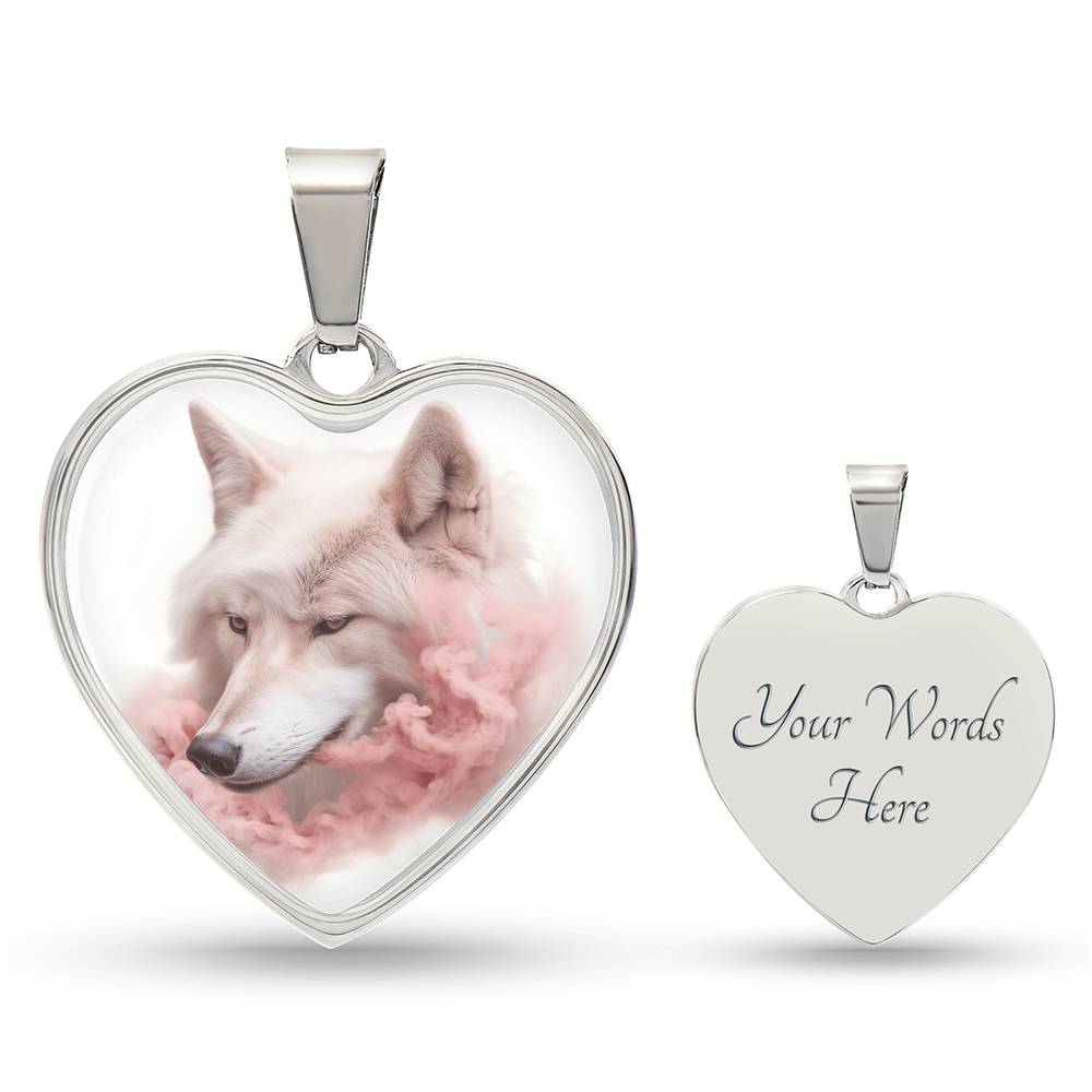 Arctic Wolf in Pink Mist Heart Necklace, Mystical Wolf Jewelry,  Wildlife Inspired Gift,  Nature Lover Gift, Unique Wolf Gift