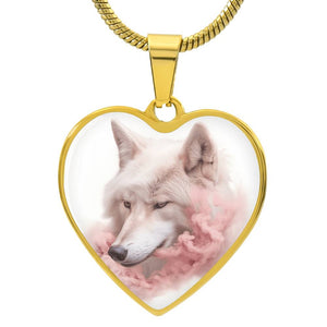 Arctic Wolf in Pink Mist Heart Necklace, Mystical Wolf Jewelry,  Wildlife Inspired Gift,  Nature Lover Gift, Unique Wolf Gift