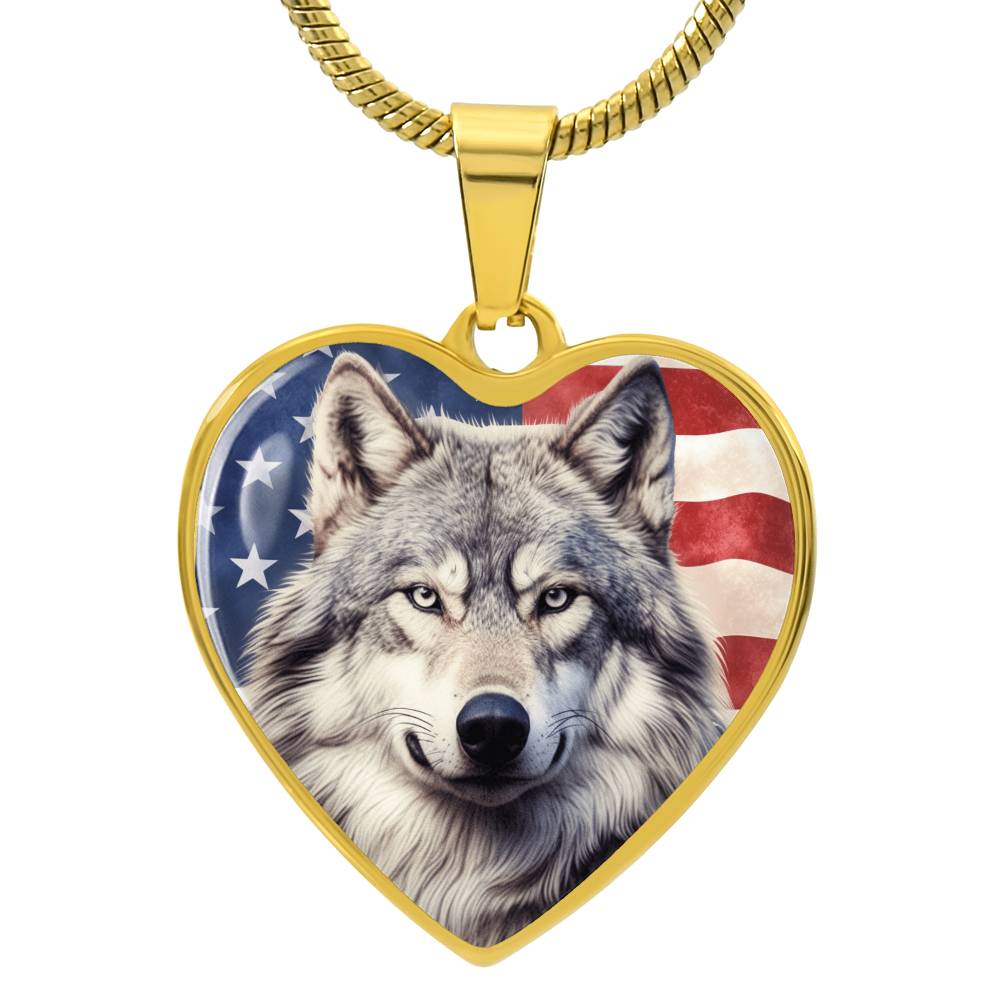 Patriotic Wolf Heart Necklace, American Flag Wolf Jewelry, Gift for Wolf Lovers, USA Pride Necklace, Gift for Patriots