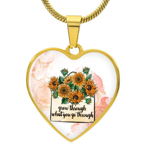 Sunflower Heart Pendant Necklace -  Gold and Pink for Women - Grow Through What You Go Through - Inspirational Gift for Her