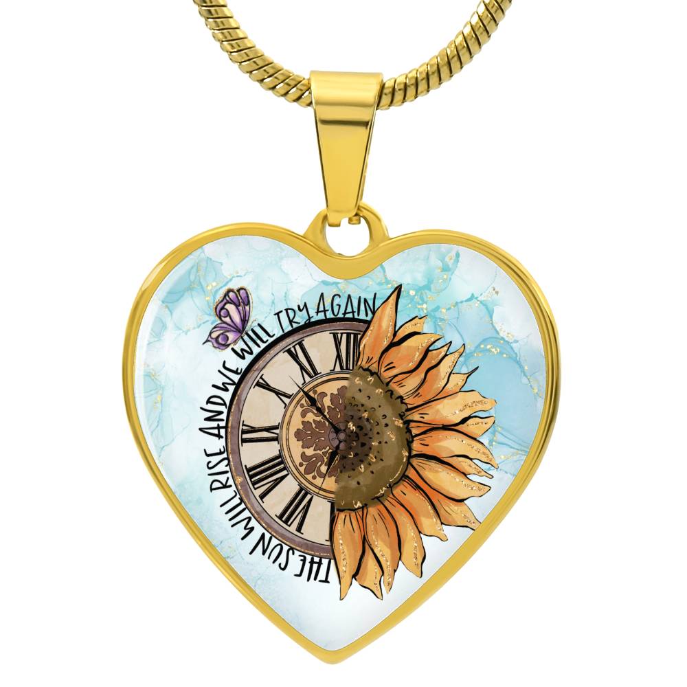 Personalized Engraved Heart Necklace for Women - Gold Sunflower Clock Heart Pendant - Christmas Gift for Her