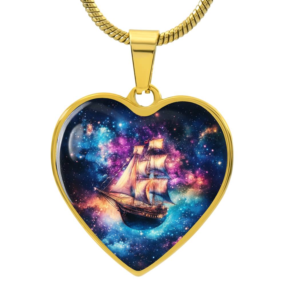 Heart Necklace, Nautical Ship in Space Pendant, Galaxy Jewelry, Gift for Him, Gift for Her, Christmas Gift, Birthday Gift, Unique Gift, Glass Pendant