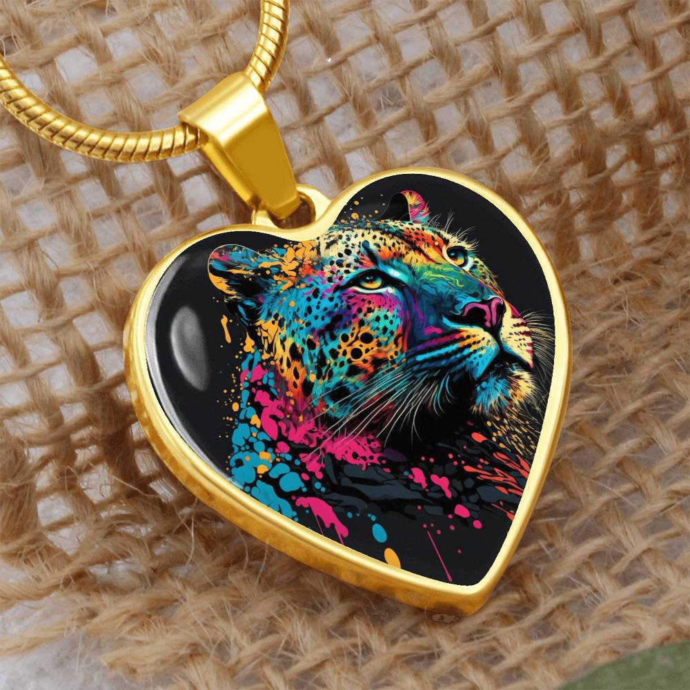 Vibrant Leopard Heart Necklace, Colorful Animal Jewelry,  Wildlife Inspired Gift, Statement Necklace,  Art Lover Gift