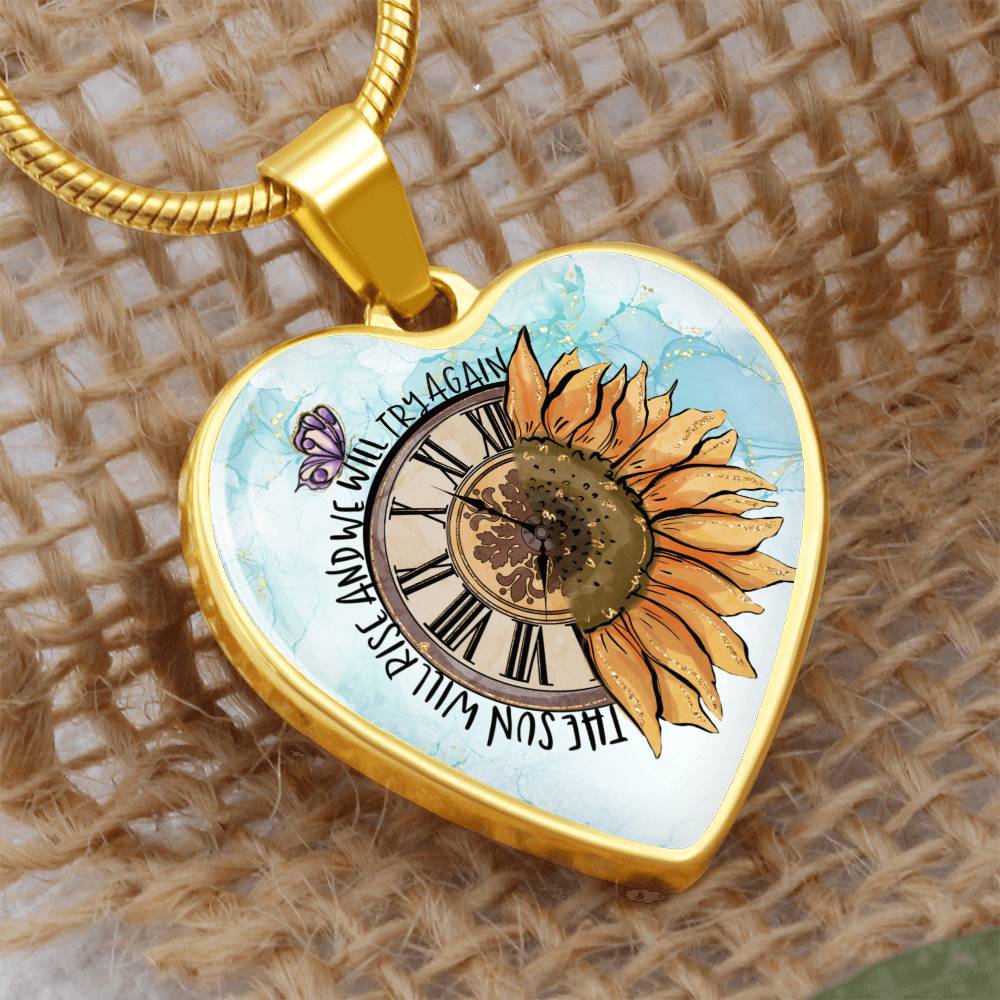 Personalized Engraved Heart Necklace for Women - Gold Sunflower Clock Heart Pendant - Christmas Gift for Her