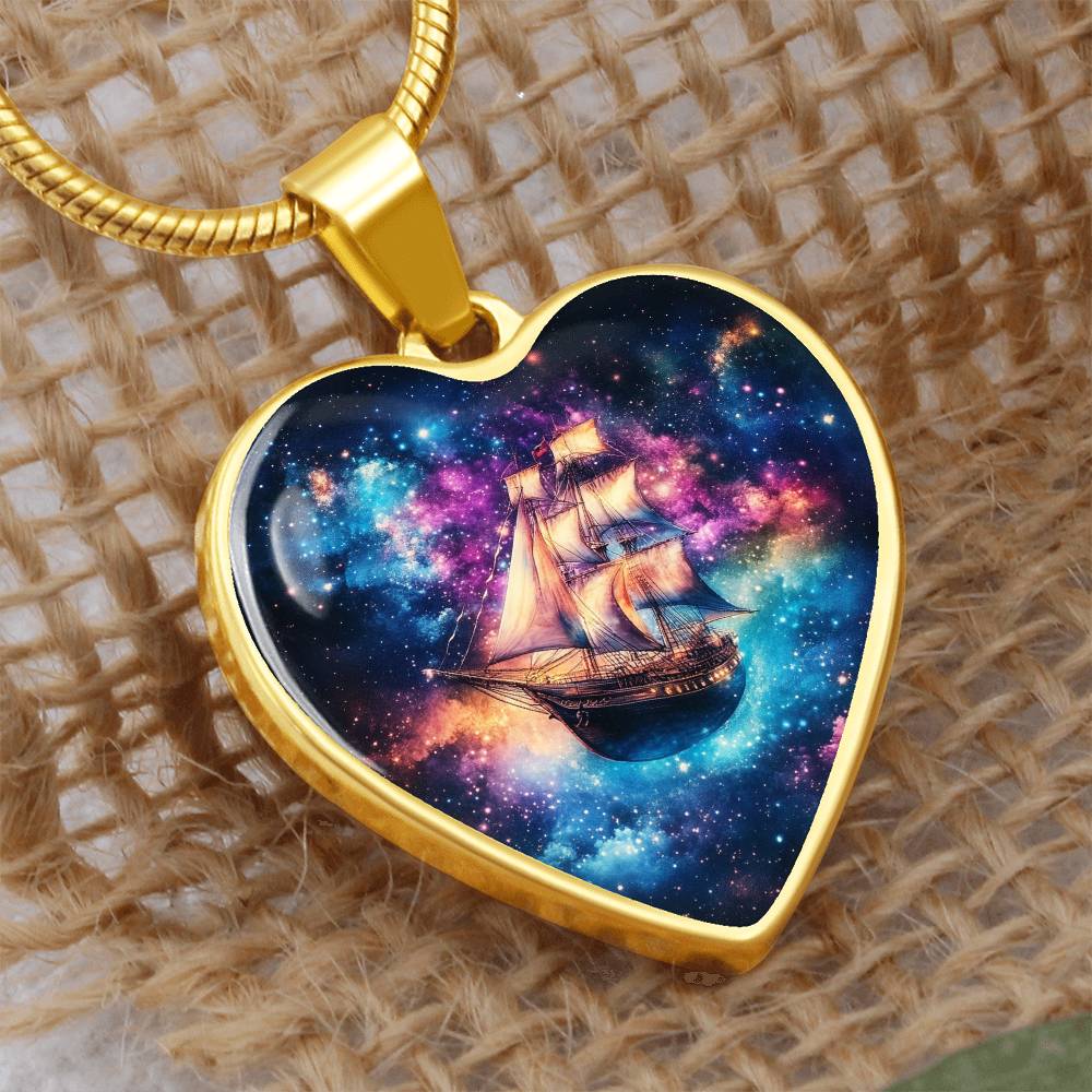 Heart Necklace, Nautical Ship in Space Pendant, Galaxy Jewelry, Gift for Him, Gift for Her, Christmas Gift, Birthday Gift, Unique Gift, Glass Pendant