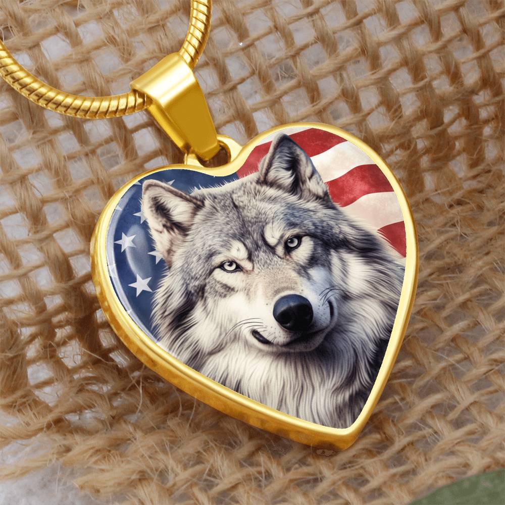 Patriotic Wolf Heart Necklace, American Flag Wolf Jewelry, Gift for Wolf Lovers, USA Pride Necklace, Gift for Patriots