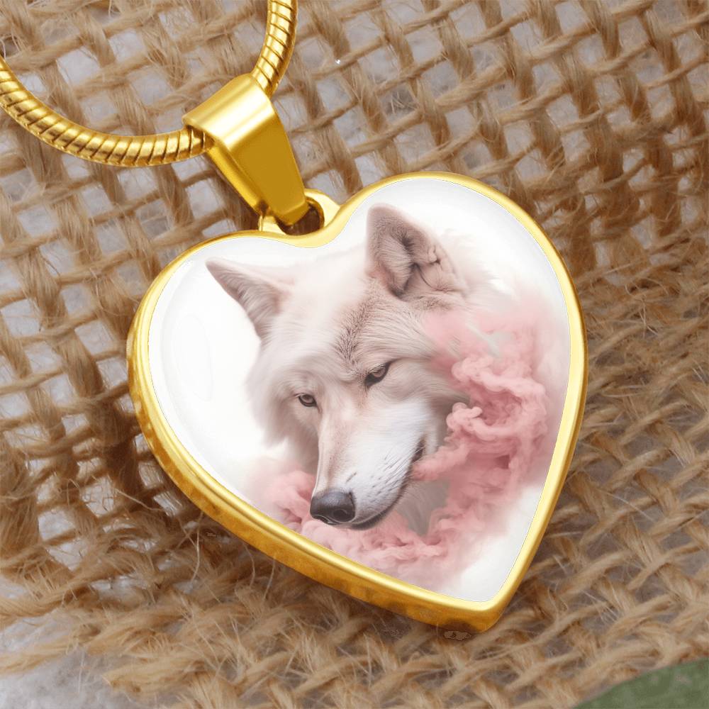 Arctic Wolf in Pink Mist Heart Necklace, Mystical Wolf Jewelry,  Wildlife Inspired Gift,  Nature Lover Gift, Unique Wolf Gift