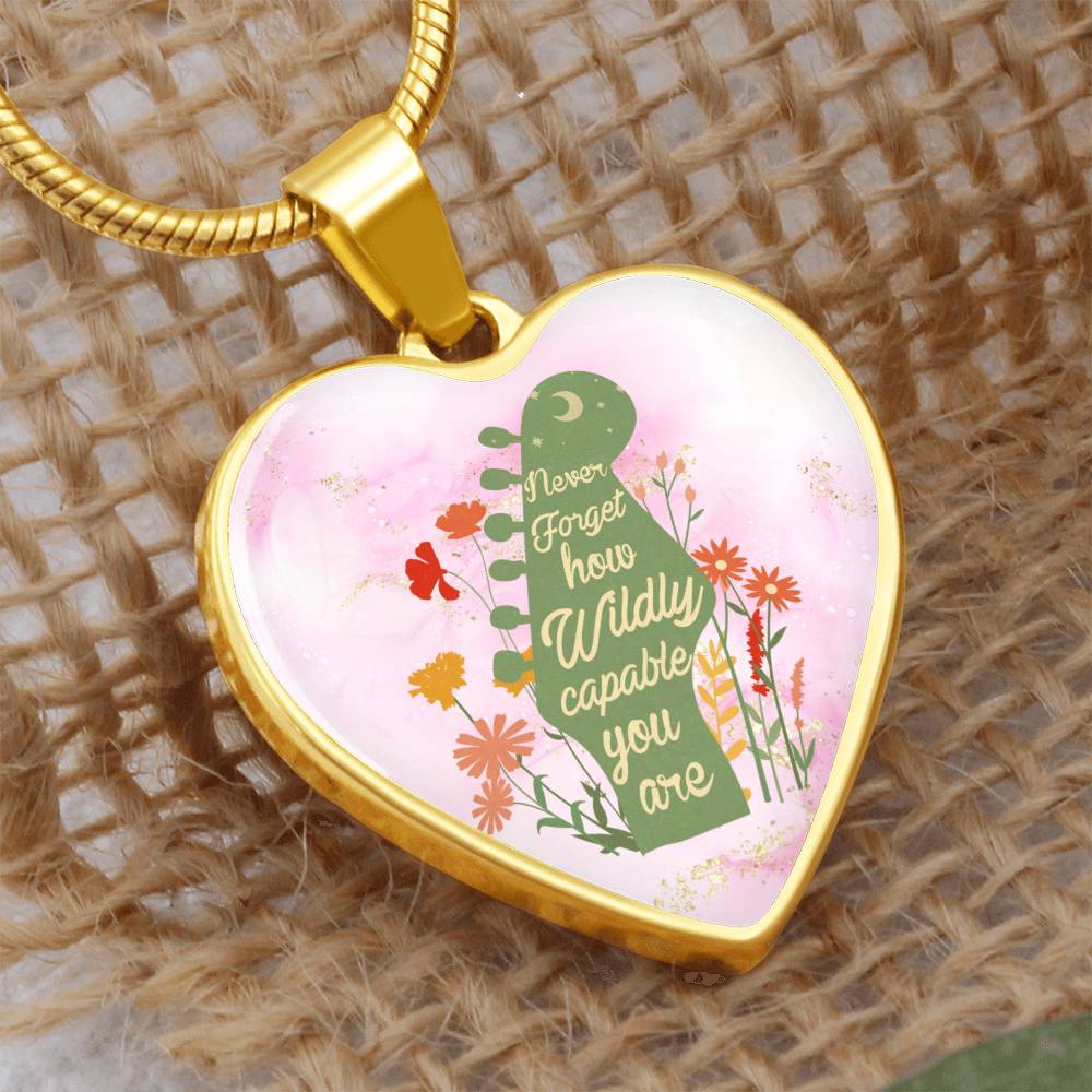 Personalized Engraved Heart Necklace for Women - Gold "Wildly Capable" Guitar Floral Heart Pendant - Christmas Gift for Her