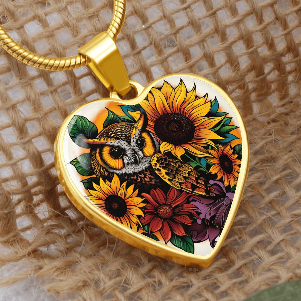 Owl and Sunflower Necklace - Autumn Owl Pendant - Nature Inspired Jewelry - Gift for Owl Lovers