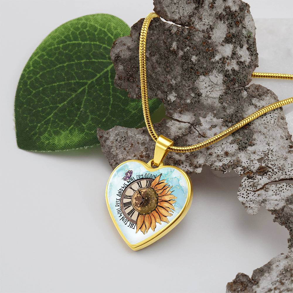 Personalized Engraved Heart Necklace for Women - Gold Sunflower Clock Heart Pendant - Christmas Gift for Her