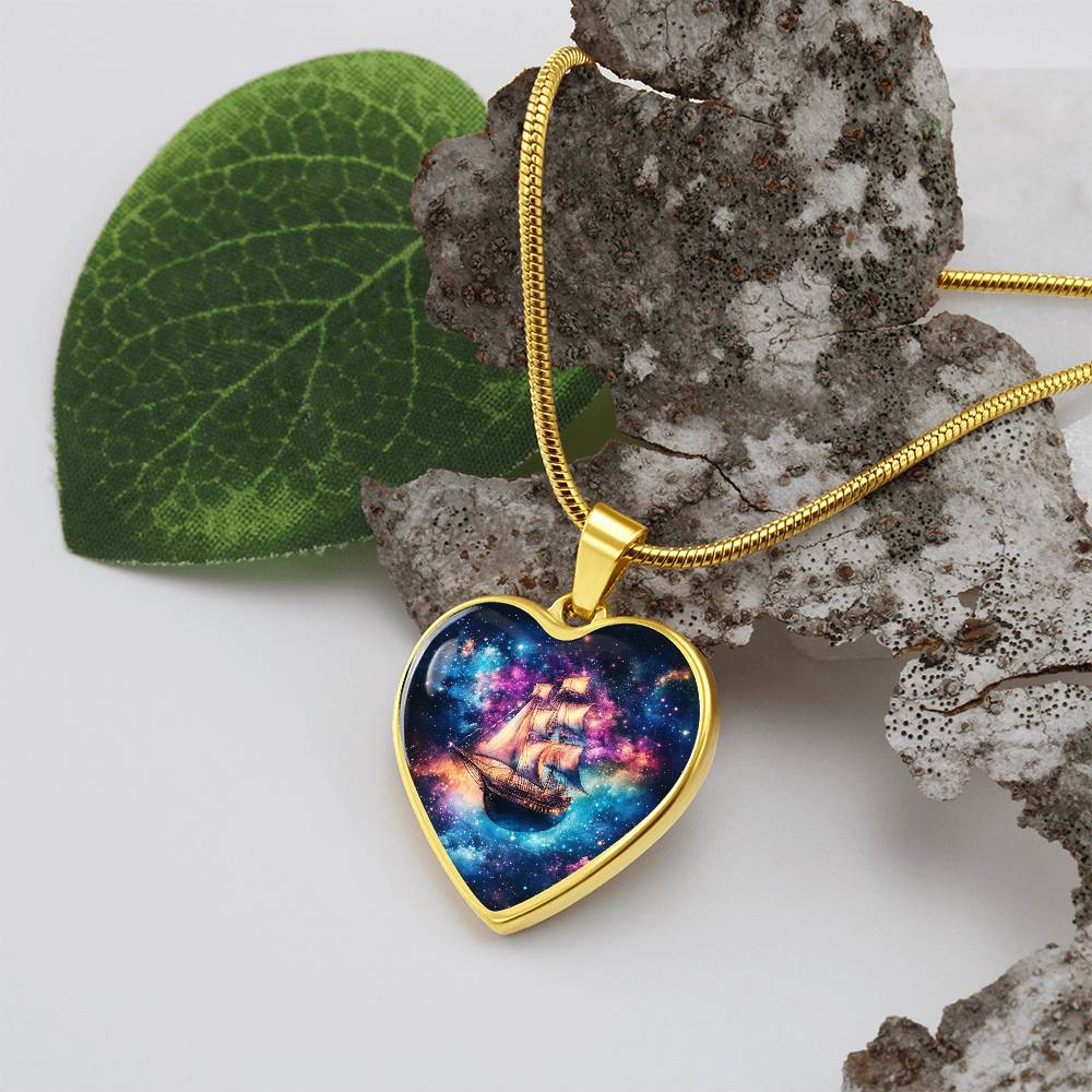 Heart Necklace, Nautical Ship in Space Pendant, Galaxy Jewelry, Gift for Him, Gift for Her, Christmas Gift, Birthday Gift, Unique Gift, Glass Pendant