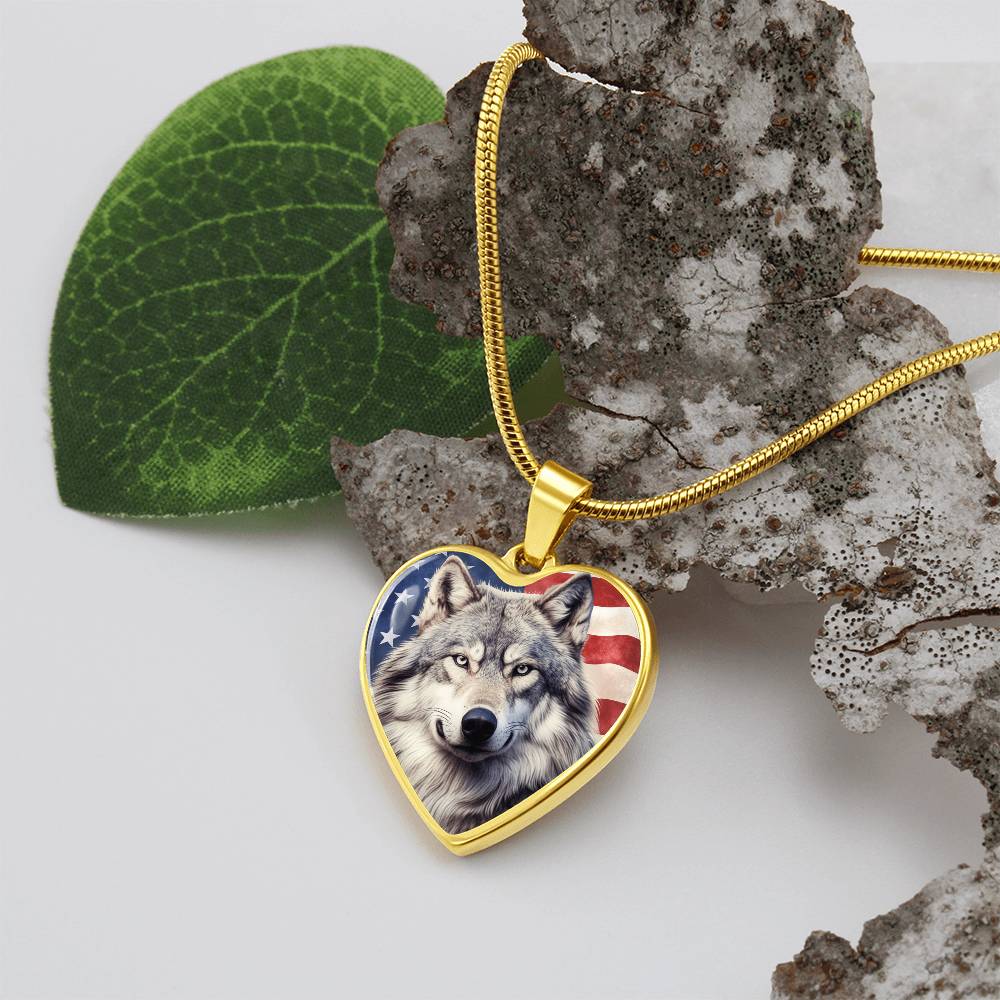 Patriotic Wolf Heart Necklace, American Flag Wolf Jewelry, Gift for Wolf Lovers, USA Pride Necklace, Gift for Patriots