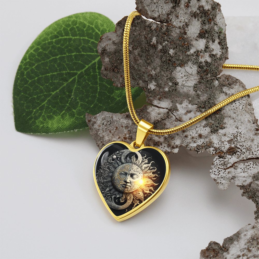 Sun and Moon Heart Necklace, Celestial Jewelry,  Balance of Opposites, Day and Night Pendant,