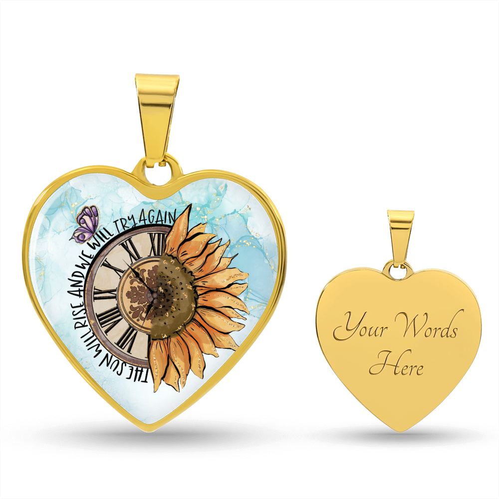 Personalized Engraved Heart Necklace for Women - Gold Sunflower Clock Heart Pendant - Christmas Gift for Her