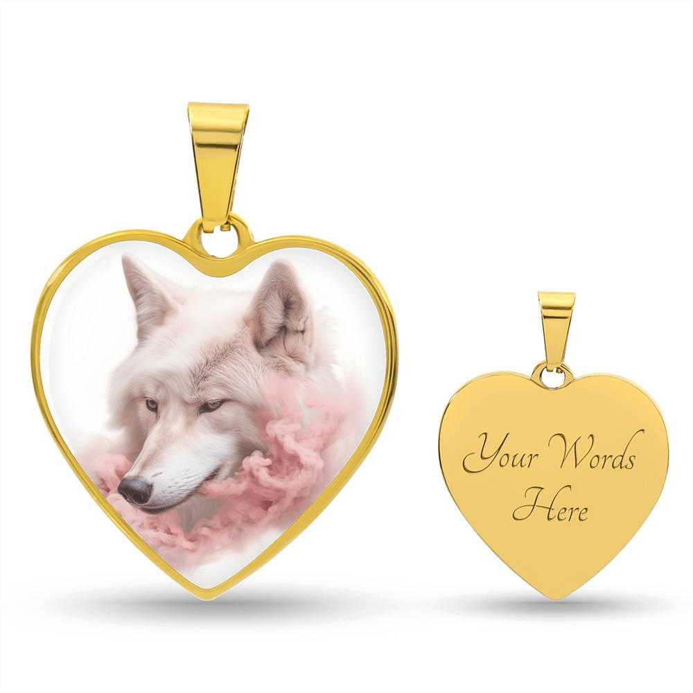 Arctic Wolf in Pink Mist Heart Necklace, Mystical Wolf Jewelry,  Wildlife Inspired Gift,  Nature Lover Gift, Unique Wolf Gift