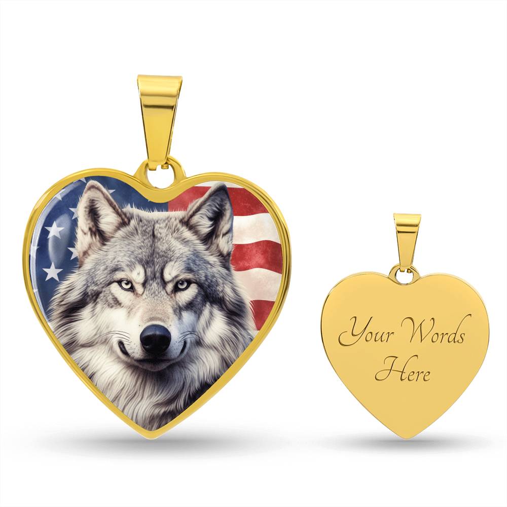 Patriotic Wolf Heart Necklace, American Flag Wolf Jewelry, Gift for Wolf Lovers, USA Pride Necklace, Gift for Patriots