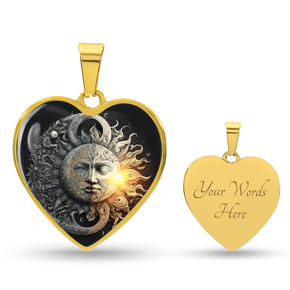 Sun and Moon Heart Necklace, Celestial Jewelry,  Balance of Opposites, Day and Night Pendant,