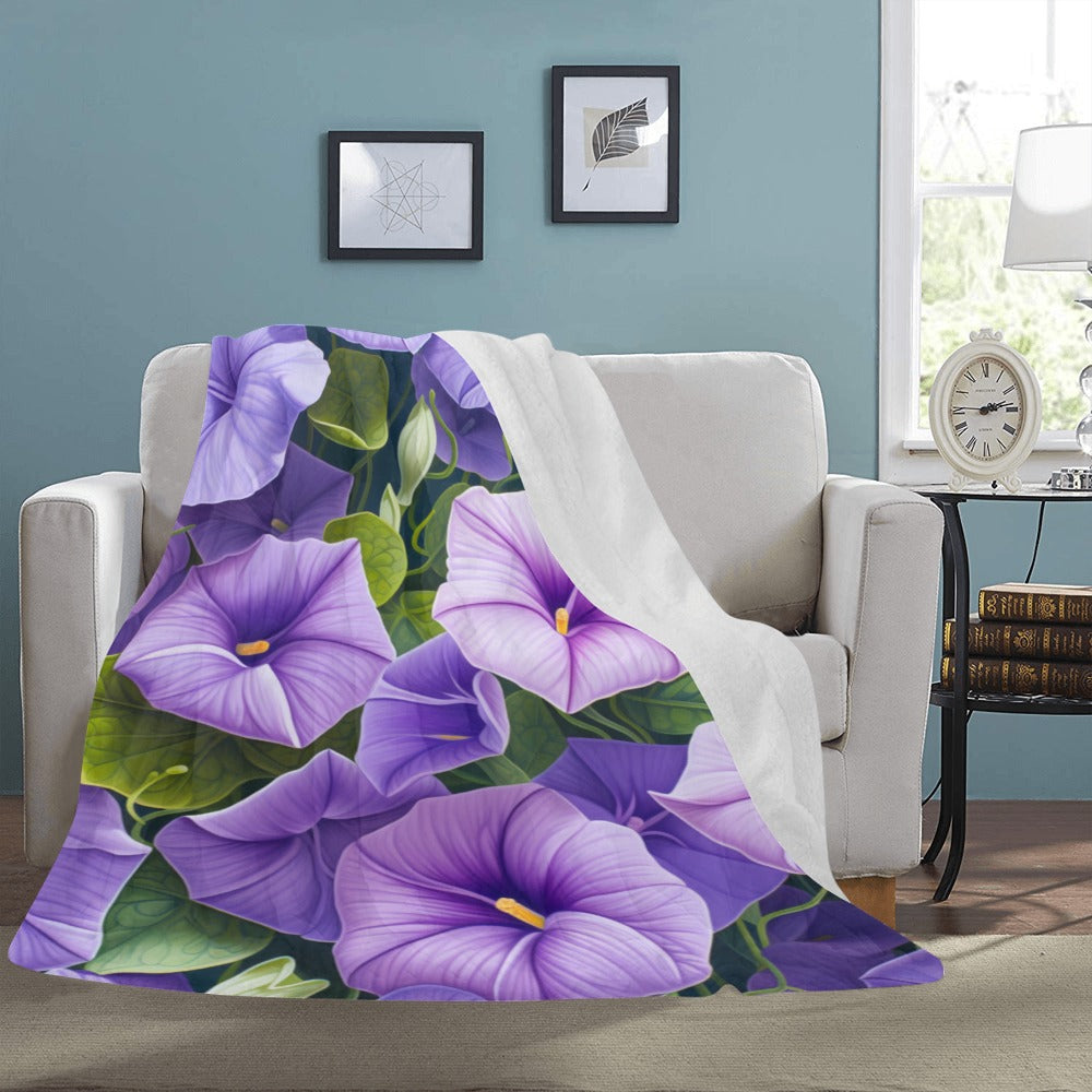 Purple Morning Glory Flower Throw Blanket - Soft 60x80 Fleece Blanket with Leaf Design for Cozy Comfort