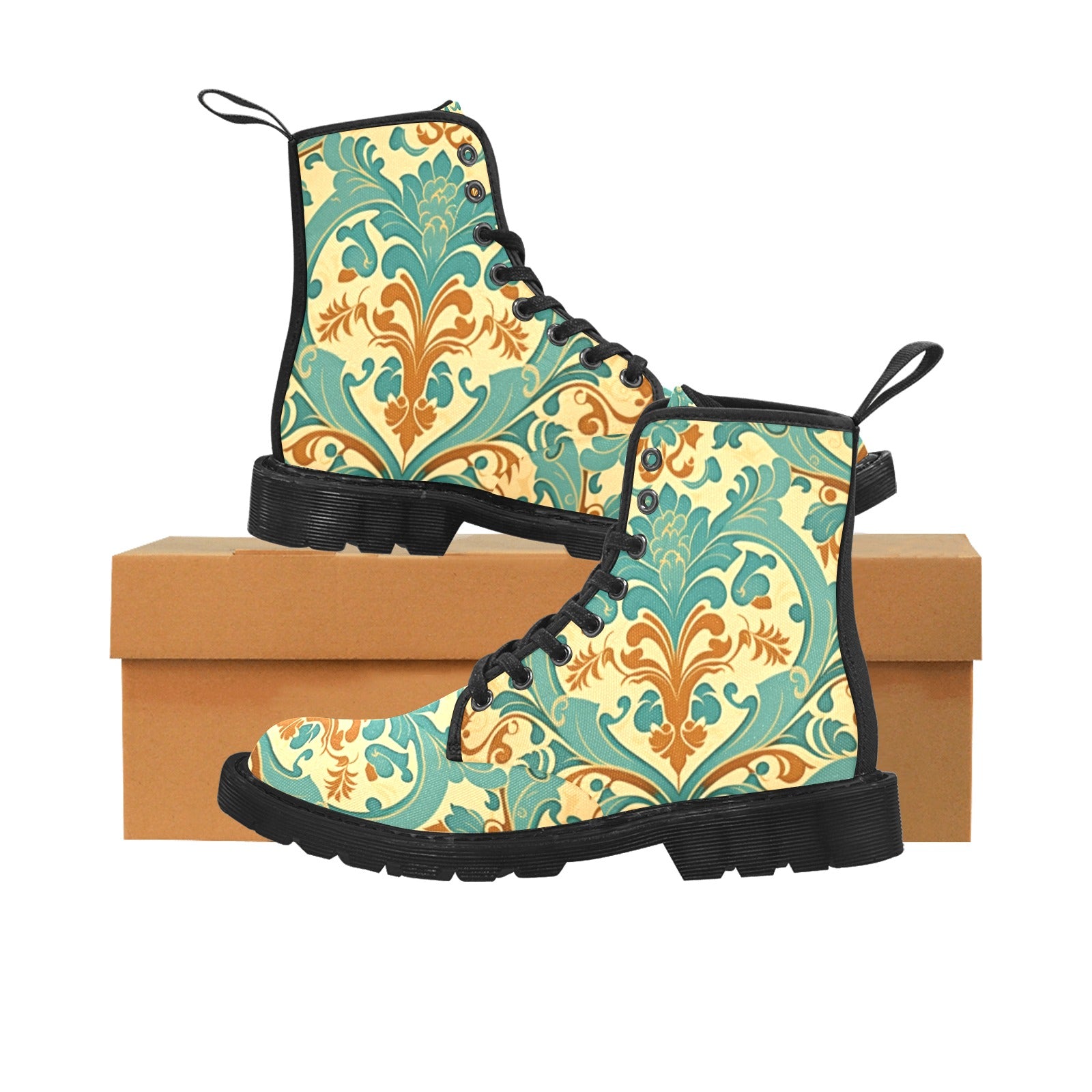 Blue & Orange Vintage Pattern Women's Lace Up Canvas Boots - Black - Cranberry Lake Design Co.  #