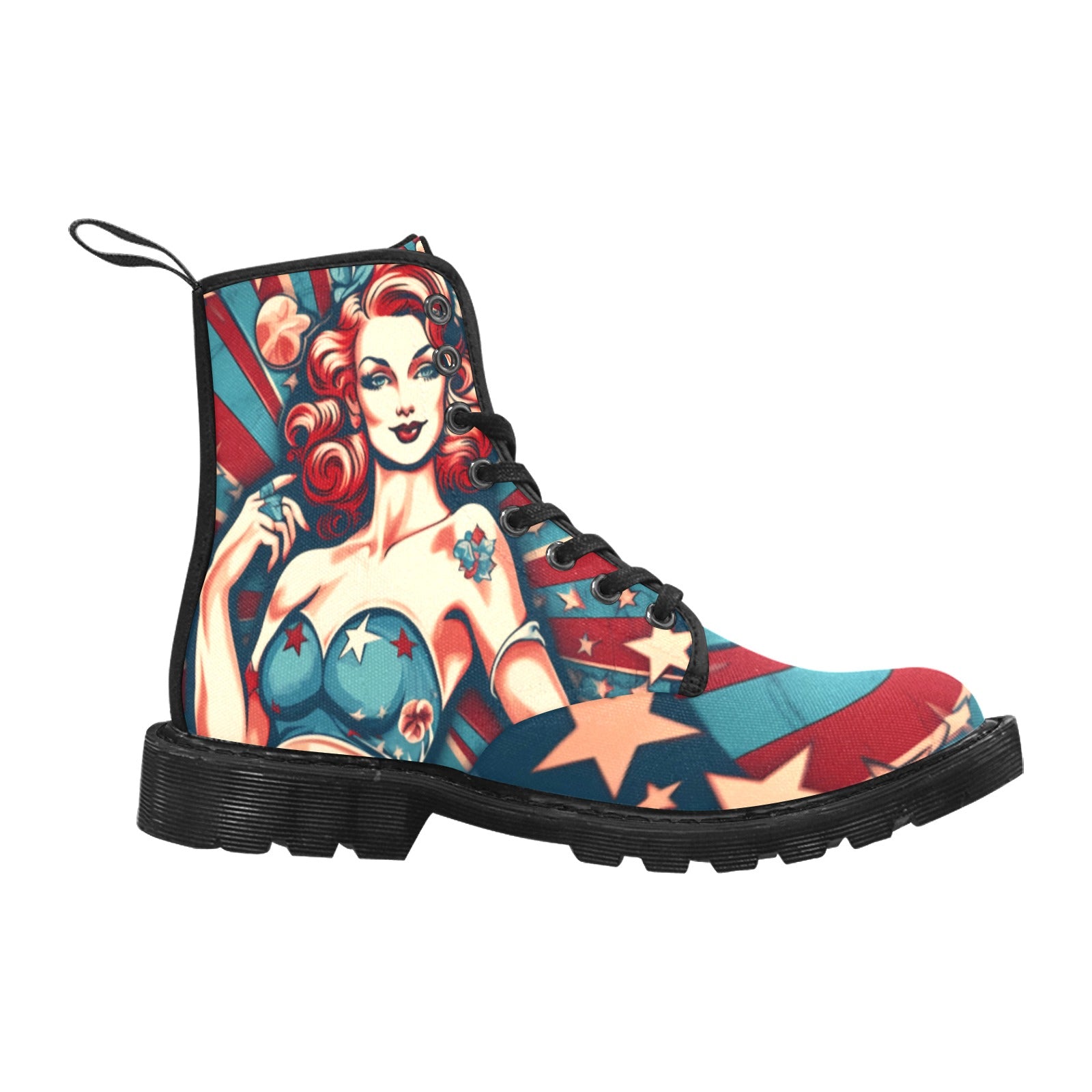 American Flag Patriotic Pin Up Girl Women's Lace Up Canvas Boots (Black) - Cranberry Lake Design Co.  #