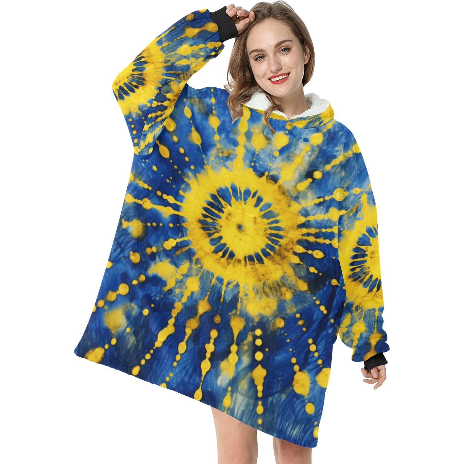 Blue and Gold Tie Dye Blanket Hoodie for Women - Cranberry Lake Design Co.  #