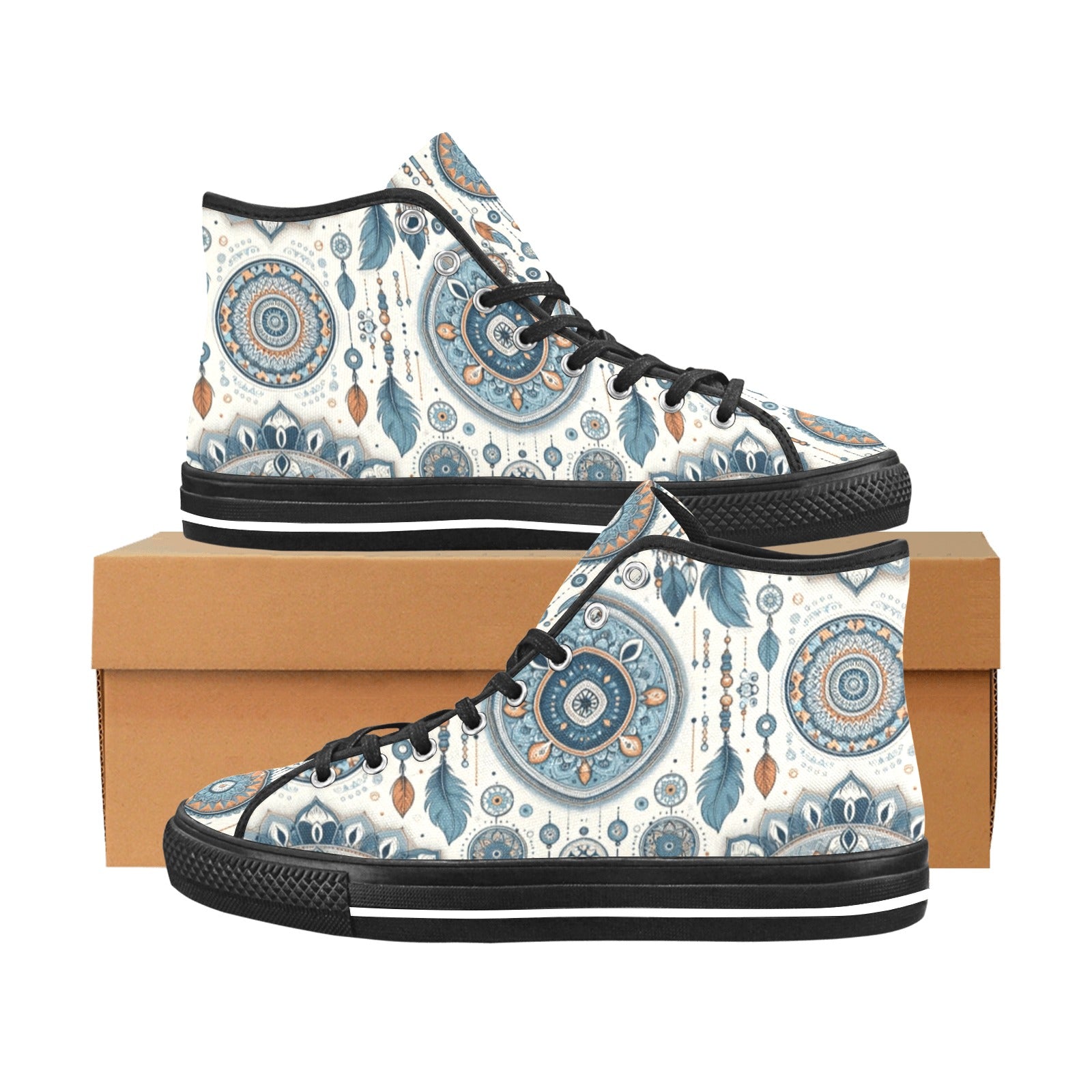 Vancouver High Top Canvas Shoes for Women | Blue & White Boho Dreamcatcher | Eco-Friendly | Cranberry Lake Designs - Cranberry Lake Design Co.  #