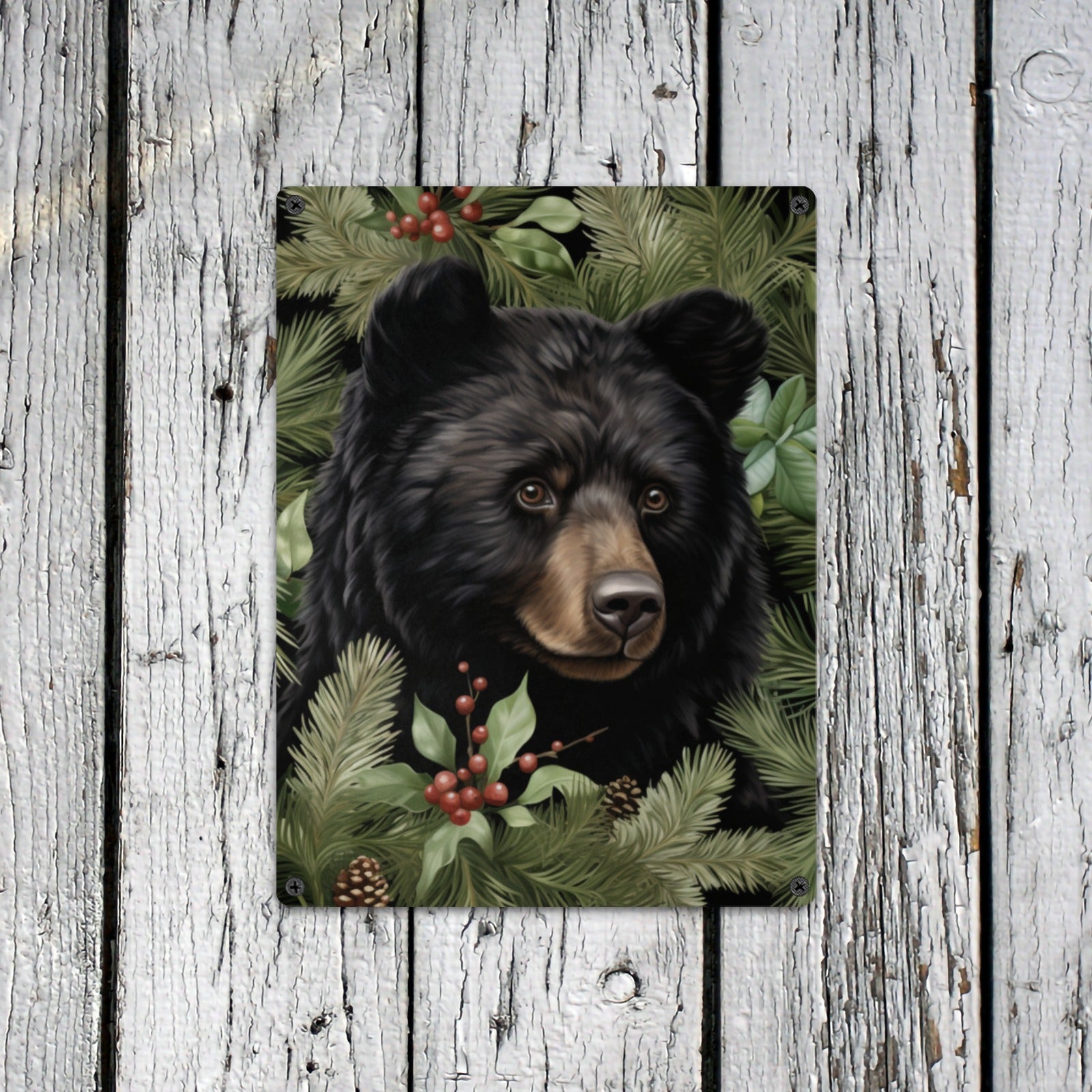 Rustic Lodge Home Decor Holly Black Bear Sign Indoor / Outdoor Metal Tin Sign 12"x16"