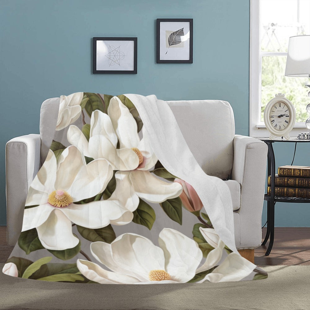 White Magnolia Fleece Blanket | Ultra-Soft Micro Fleece | Floral Throw Blanket | 60x80 | Ships from USA