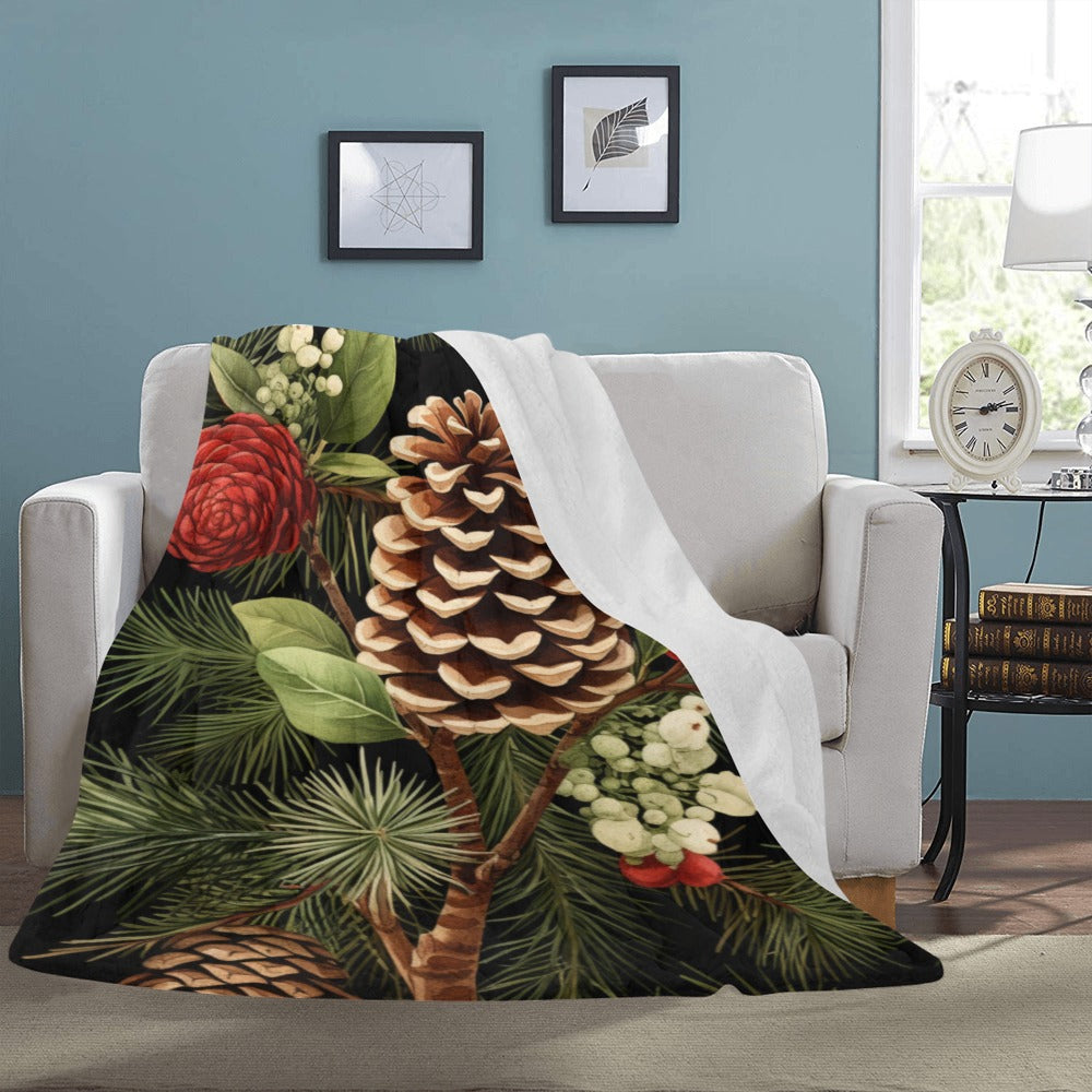 Christmas Holiday Throw Blanket - Rustic Pine Cones & Berries Design