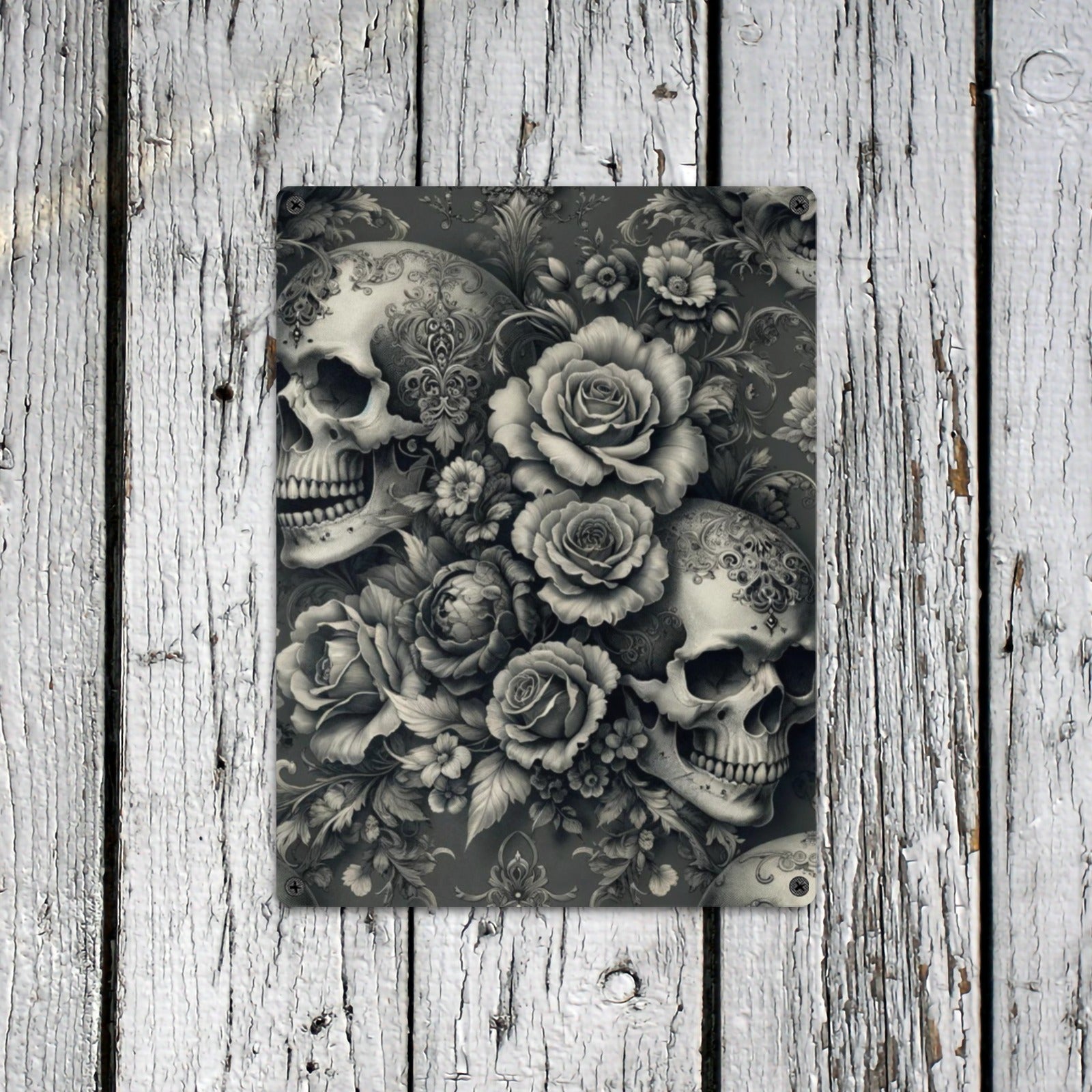 Gray Floral Skull Gothic Home Decor Wall Art Poster Rose Skull Sign Indoor / Outdoor Metal Tin Sign 12"x16"