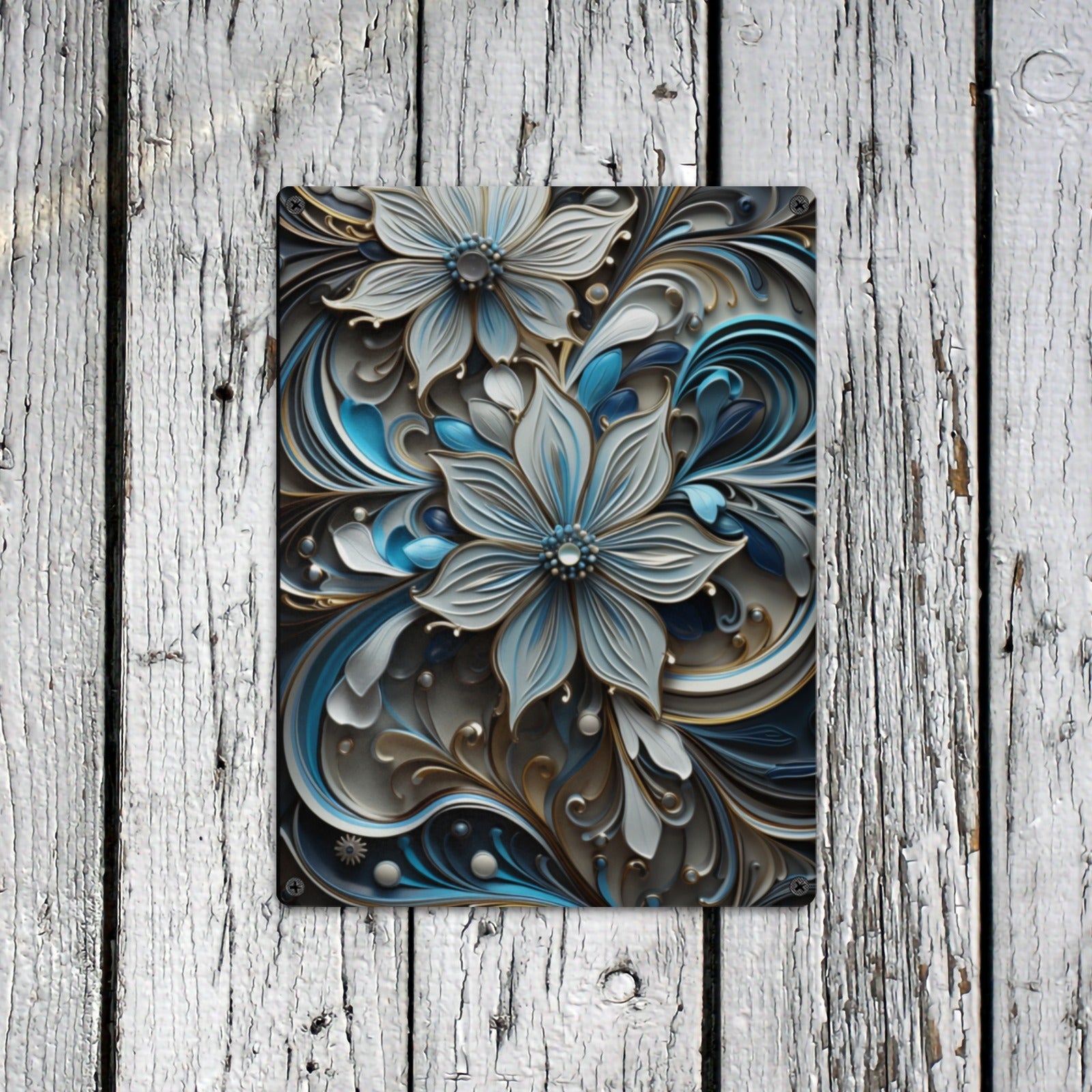 Elegant Blue and Silver Ornate Flower Metal Tin Sign - Cranberry Lake Design Co.  #