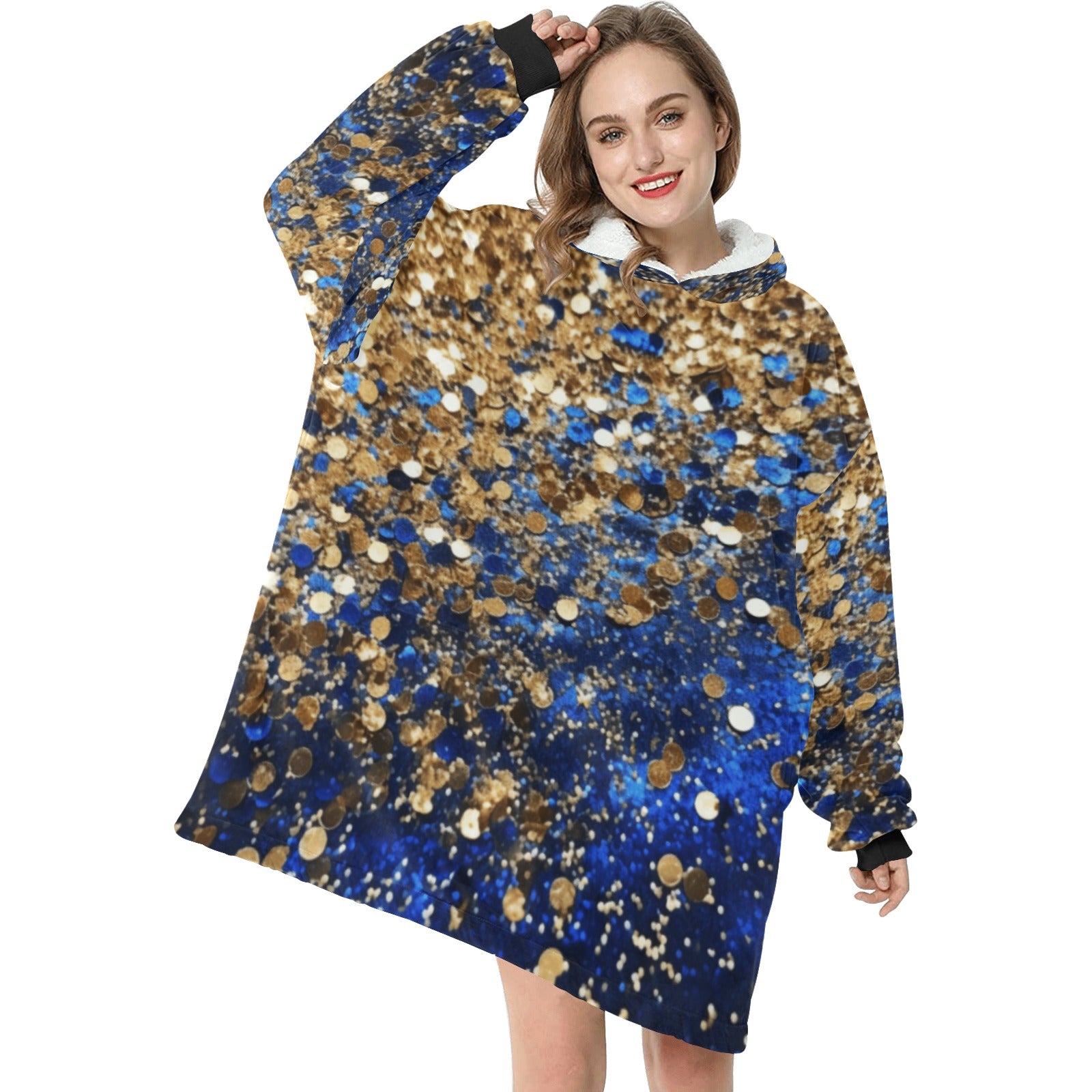 Blue and Gold Sparkle Blanket Hoodie for Women - Cranberry Lake Design Co.  #