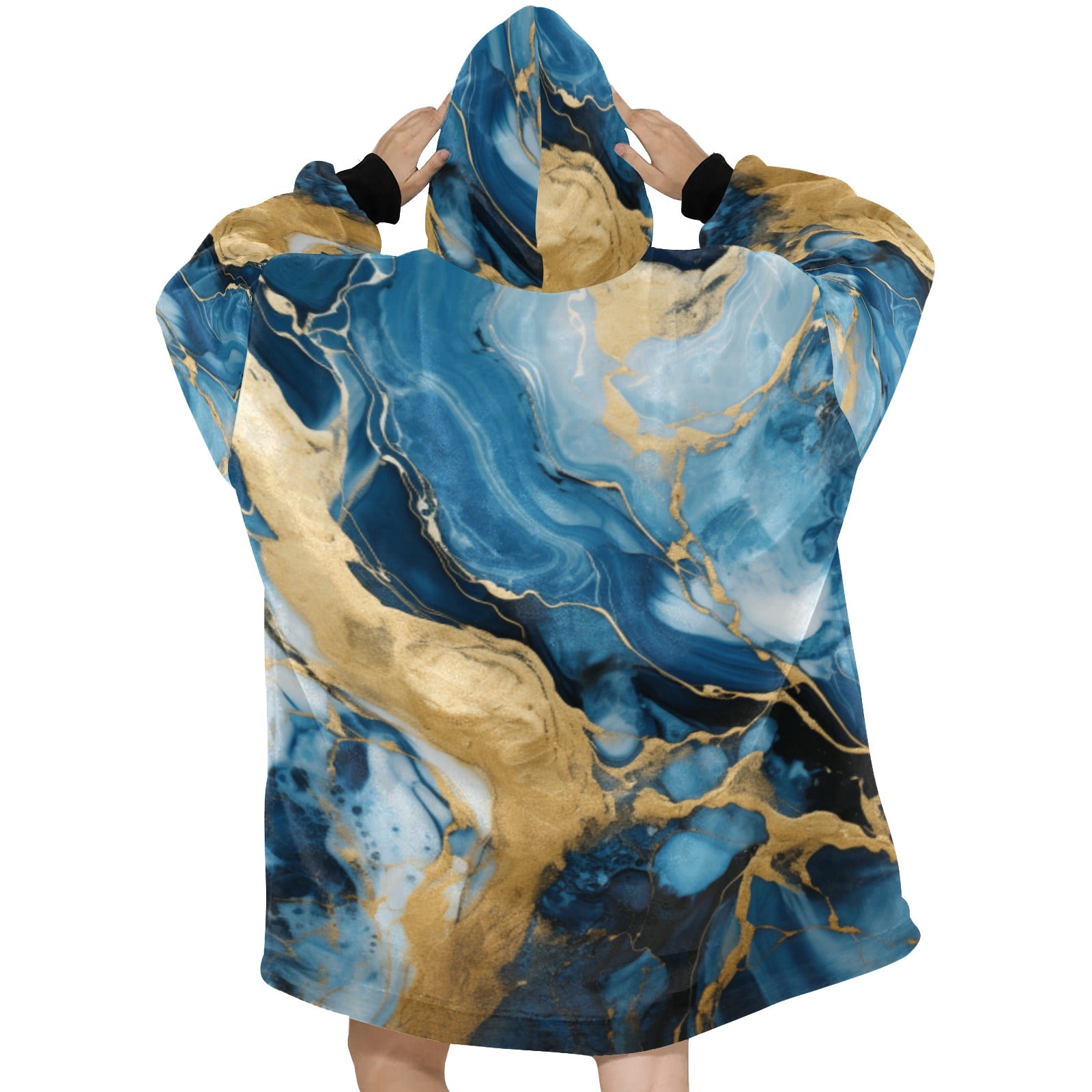 Blue and Gold Marble Swirl Blanket Hoodie for Women - Cranberry Lake Design Co.  #