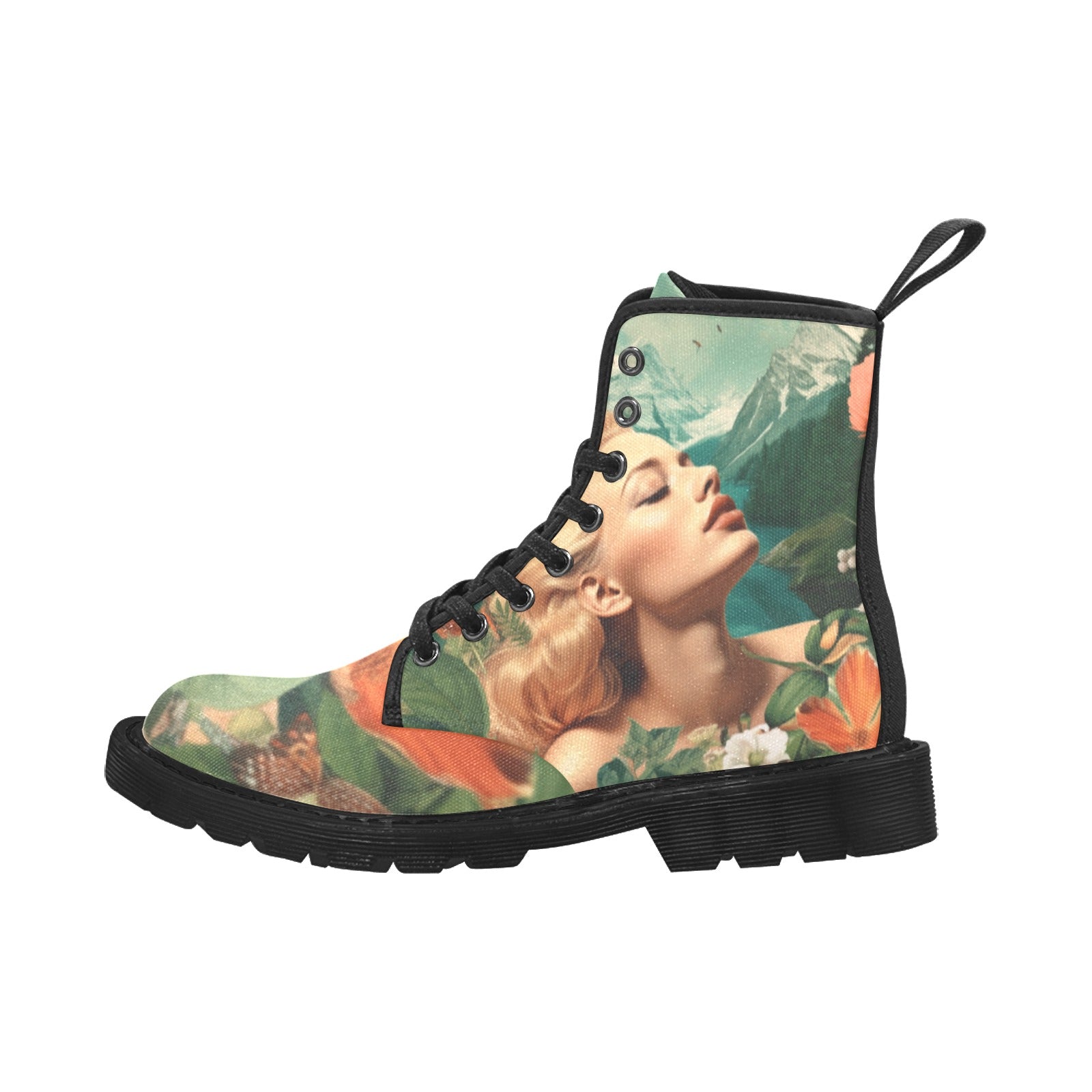 Beautiful Woman in Field of Flowers Floral Women's Lace Up Canvas Boots - Cranberry Lake Design Co.  #