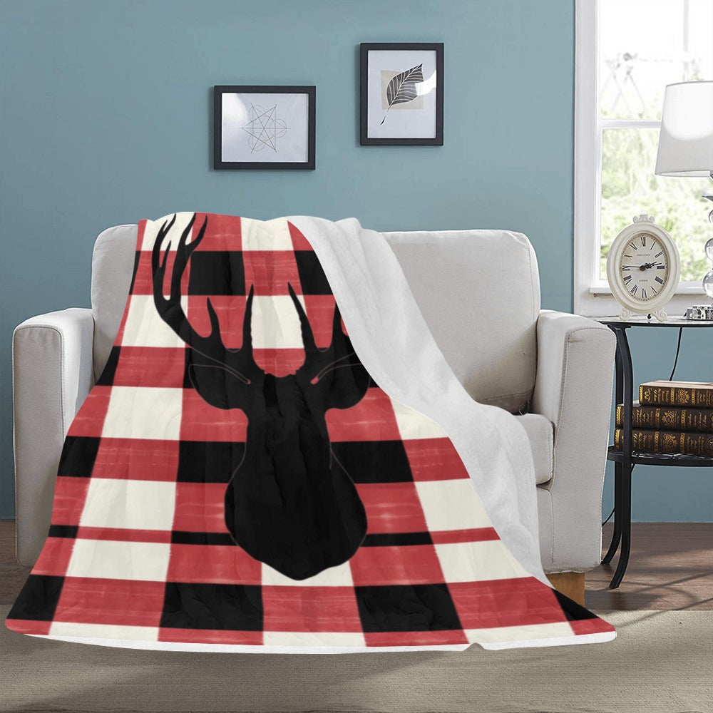 Red, White Black Plaid Rustic Deer Cranberry Lake Designs Ultra-Soft Micro Fleece Blanket 60" x 80"