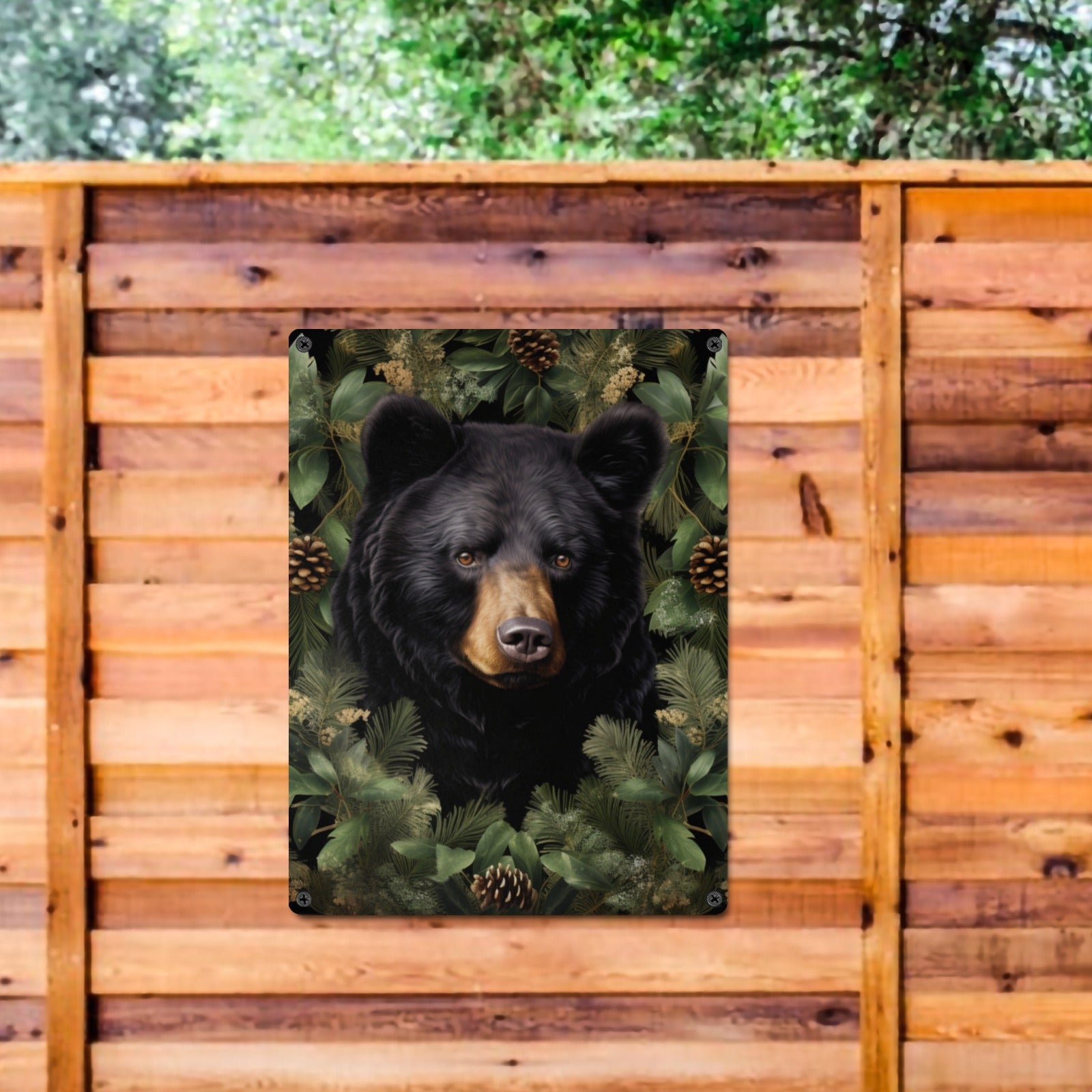 Rustic Lodge Home Decor Pine Cones Black Bear Sign Indoor / Outdoor Metal Tin Sign 12"x16"