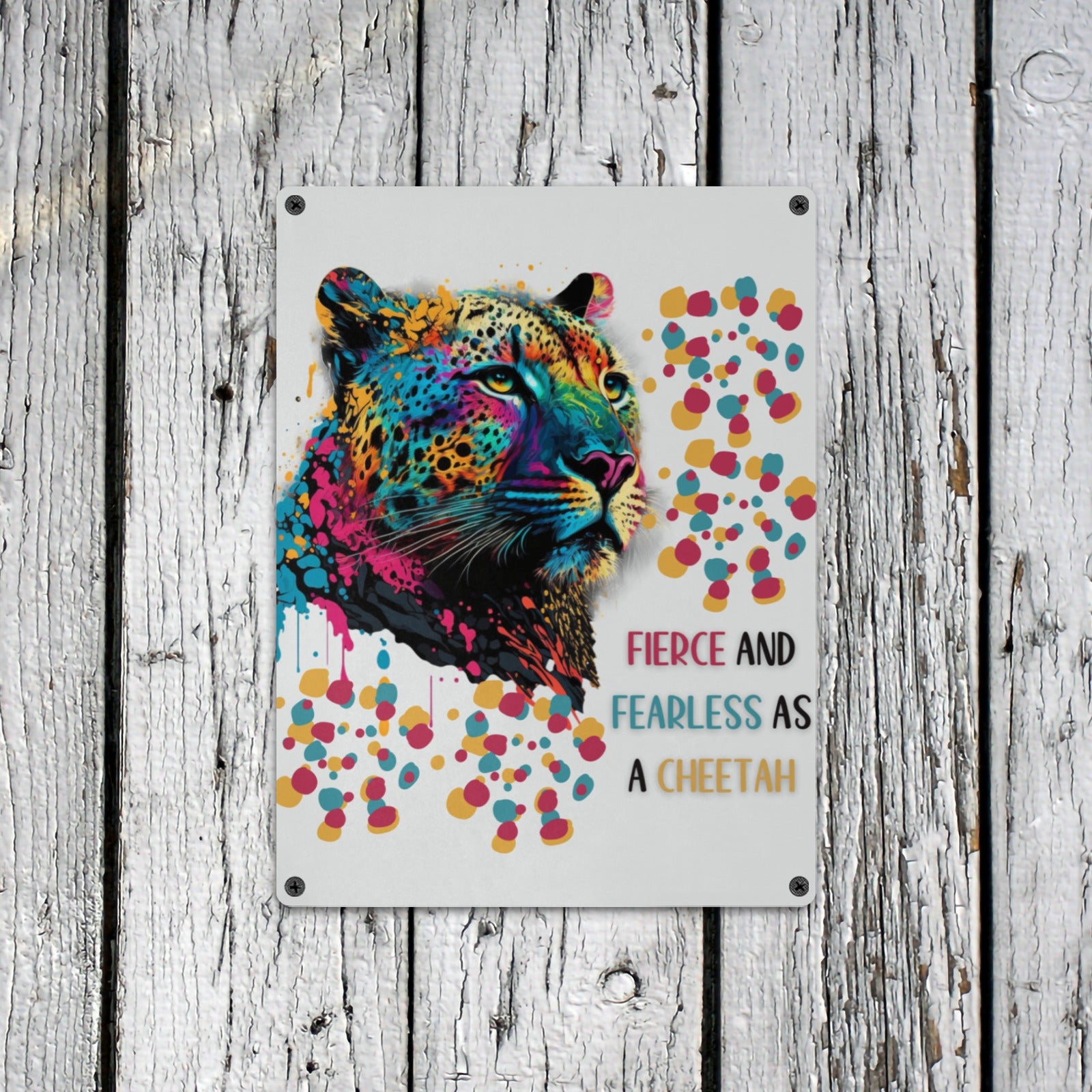 Cheetah Metal Sign - "Fierce & Fearless " Kids Room Decor | 12x16" Indoor/Outdoor Tin Sign by Cranberry Lake Designs  pen_spark