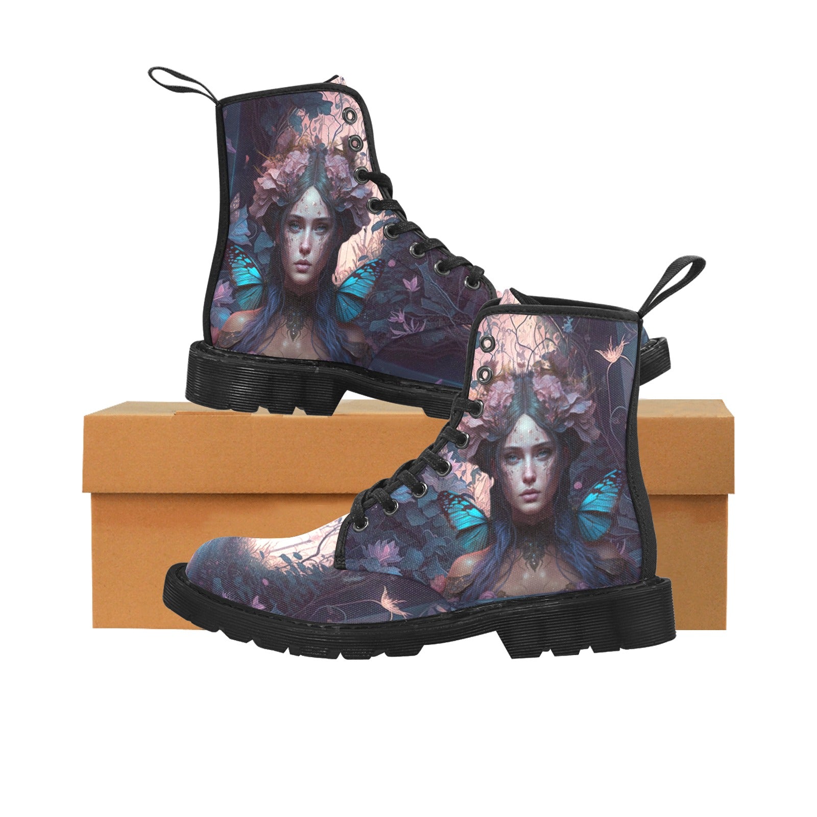 Women's Fairycore Boots Blue Butterfly Lace Up Canvas Boots - Cranberry Lake Design Co.  #