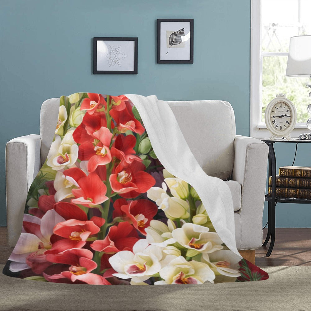 Red & White Orchid Fleece Blanket | Ultra-Soft Micro Fleece | Cozy Throw Blanket | 60x80 | Ships from USA