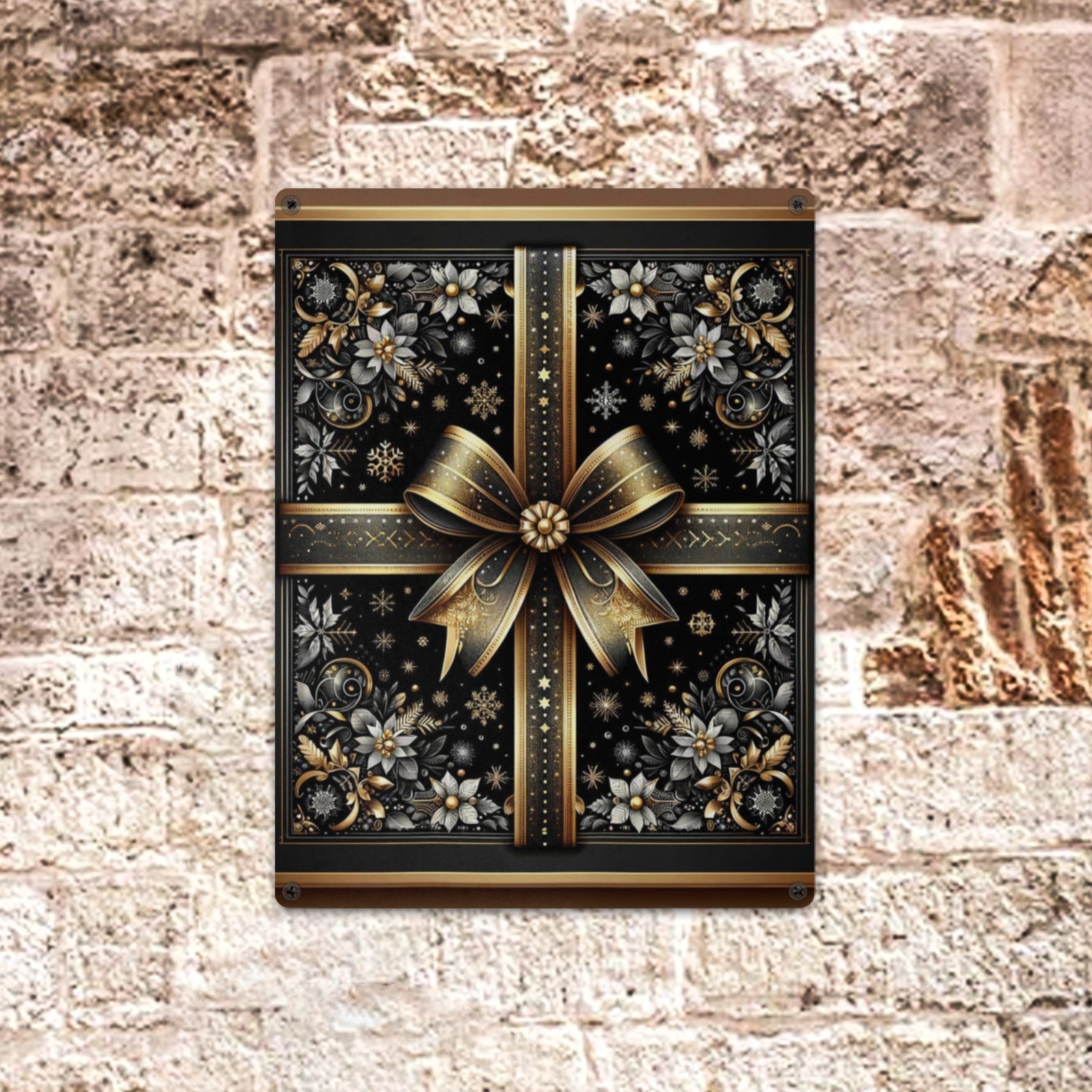 Black & Gold Gift Wrap Metal Sign | 12x16" Christmas Holiday Decor | Indoor/Outdoor Wall Art by MIWallArt