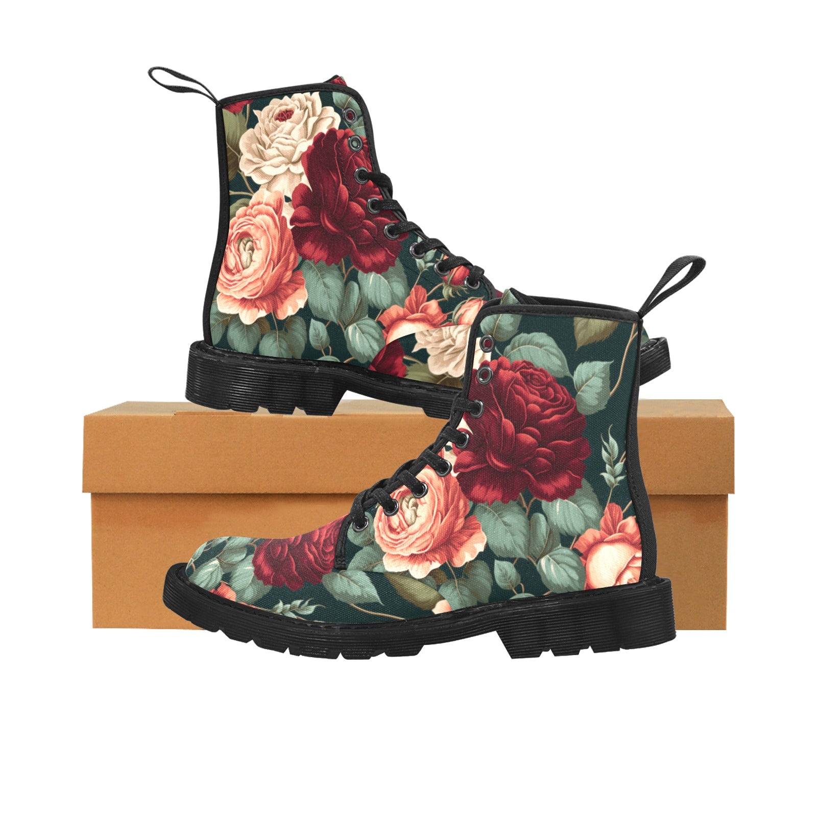 Rose Flower Floral Pattern Women's Lace Up Canvas Boots - Cranberry Lake Design Co.  #